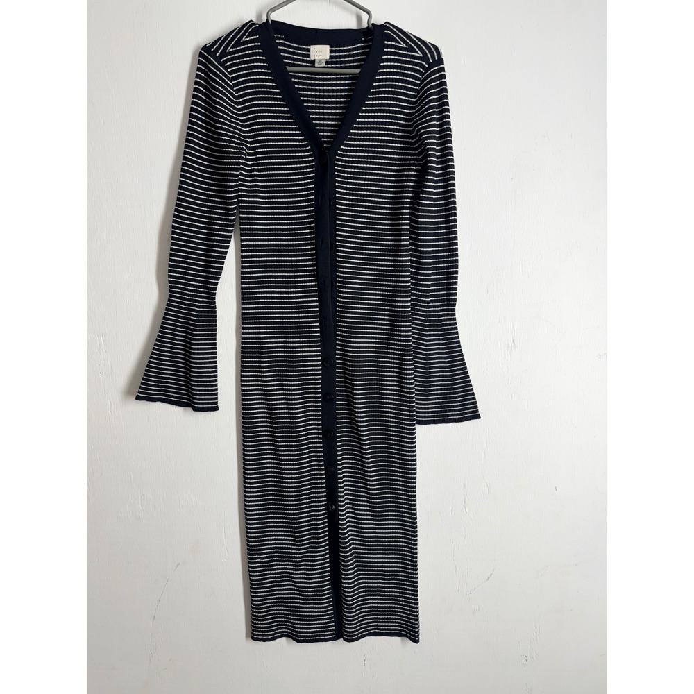 A New Day Navy White Striped Ribbed Knit Midi Button Front Dress Bell Sleeve XS